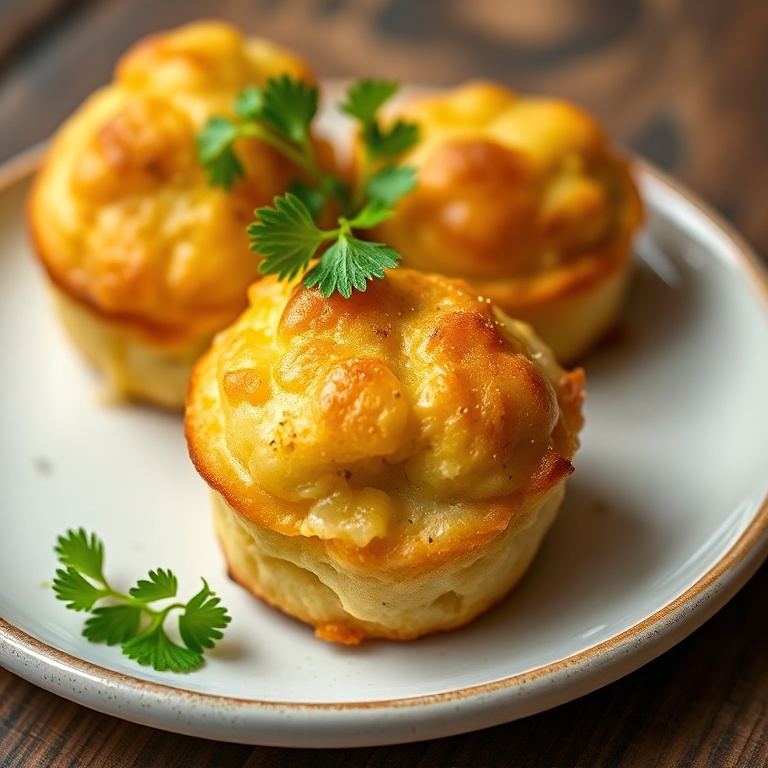 Perfect plated Crispy Cheesy Garlic Cruffins with fresh parsley on top. Close crop showing texture and cheese.