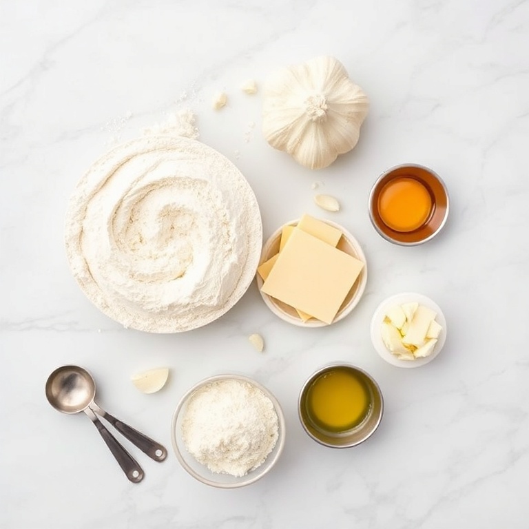 Raw ingredients for Crispy Cheesy Garlic Cruffins arranged as an overhead flat lay. Flour, garlic, cheese, butter, and egg visible. Measuring spoons and cups nearby.