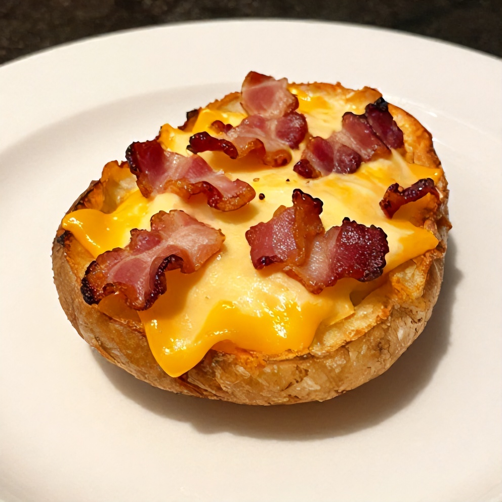 Crispy cheesy potato skins with bacon on a white plate