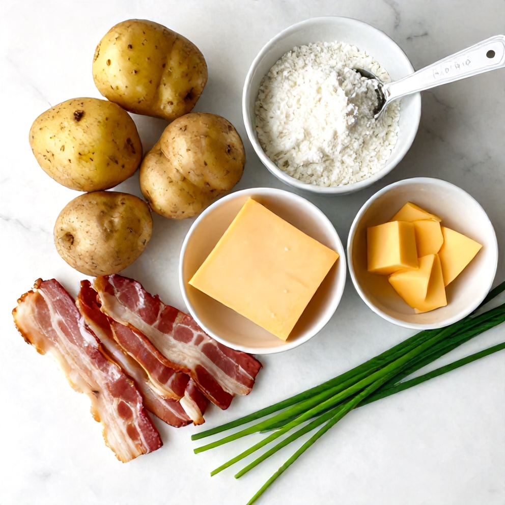 Raw ingredients for cheesy potato skins including potatoes, bacon, cheese, and chives on a white marble surface