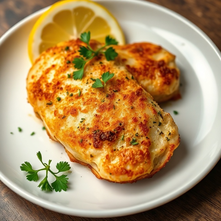 Crispy Chicken Piccata on a white plate with lemon slices and parsley.