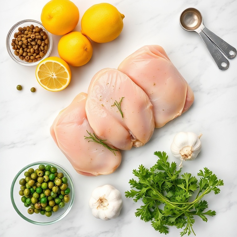 Chicken, capers, lemons, garlic, olive oil, butter, and parsley arranged in flat lay.