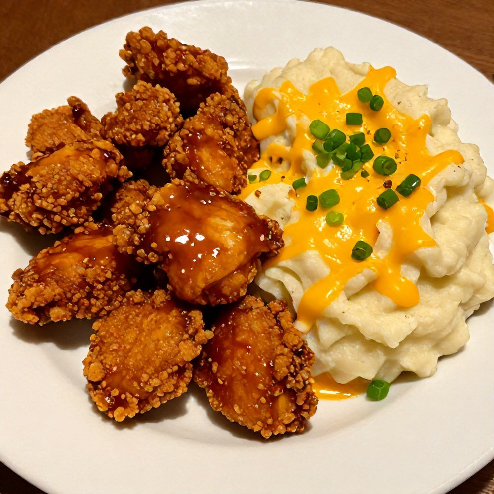 Crispy Chipotle Honey Chicken with Smoked Gouda Mashed Potatoes plated with green onions