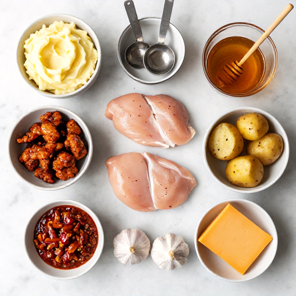 Chicken, potatoes, honey, chipotle, garlic, smoked gouda, and other ingredients for Crispy Chipotle Honey Chicken