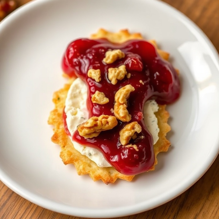 One perfect plated serving of Crispy Cranberry Brie Filo Crackers. Topped with fresh cranberry sauce and a sprinkle of walnuts. Close crop showing golden edges and melty brie. White plate with warm side lighting.