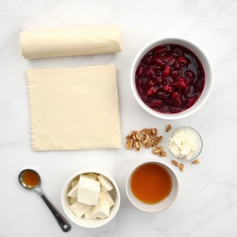 Overhead flat lay of all raw ingredients for Crispy Cranberry Brie Filo Crackers. Filo dough, brie cheese, cranberry sauce, honey, and walnuts visible. Prep bowls and measuring spoons nearby. White marble surface. Bright even light.