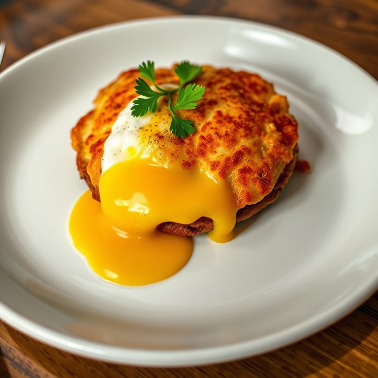 Crispy Croque Madame plated on a white ceramic plate. Runny egg yolk flows over melty cheese. Garnished with parsley.