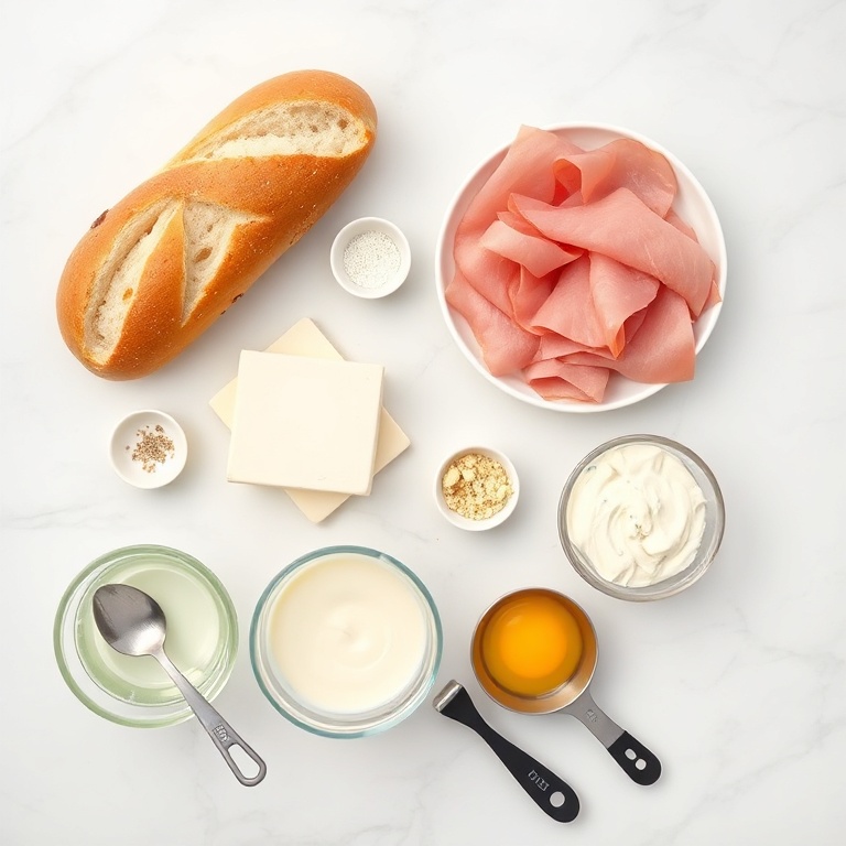 Raw ingredients for Crispy Croque Madame. Ham, brie, bread, eggs, and béchamel sauce arranged in a flat lay. Measuring tools visible.