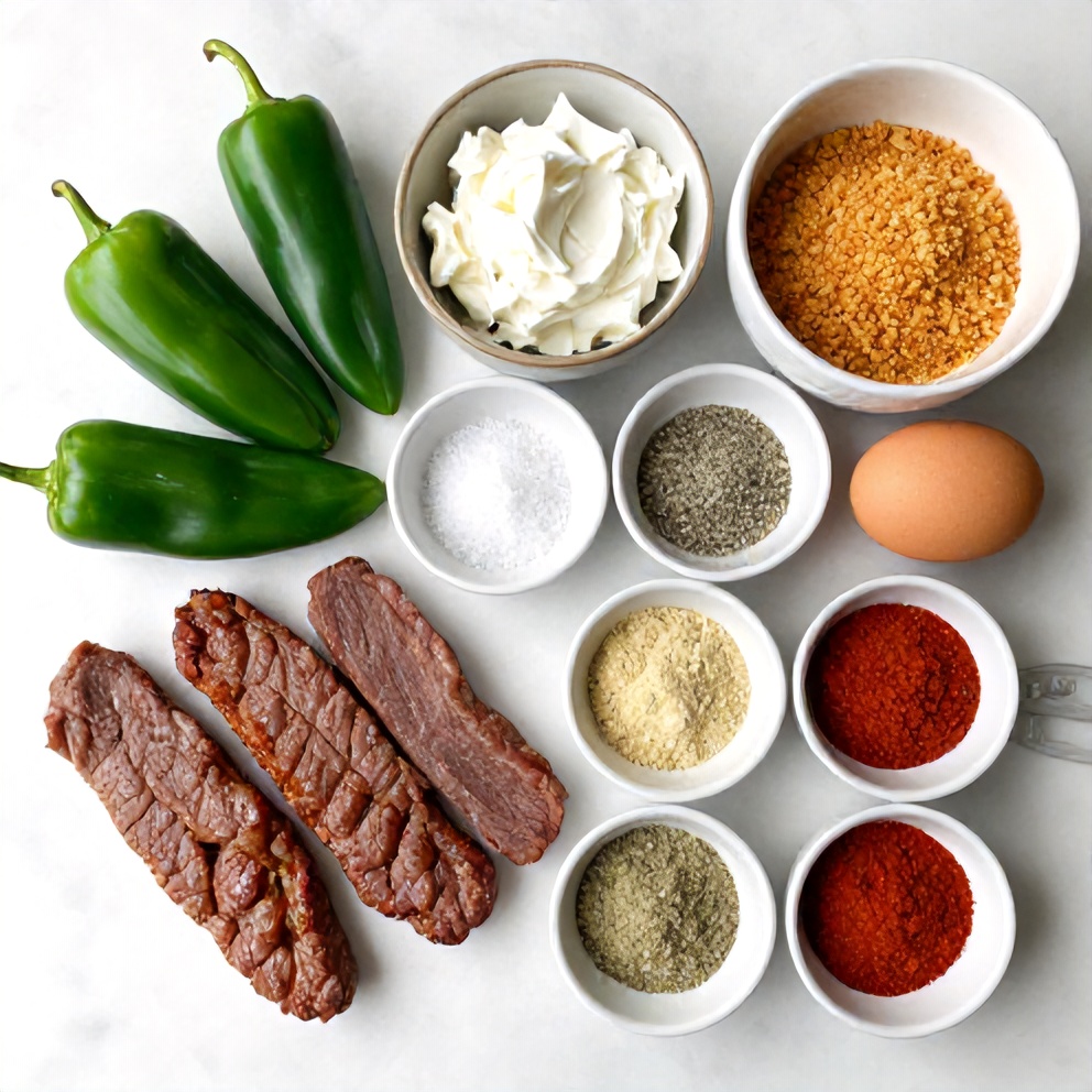 Raw ingredients for Crispy Deer Tenderloin Jalapeño Poppers on a white marble surface