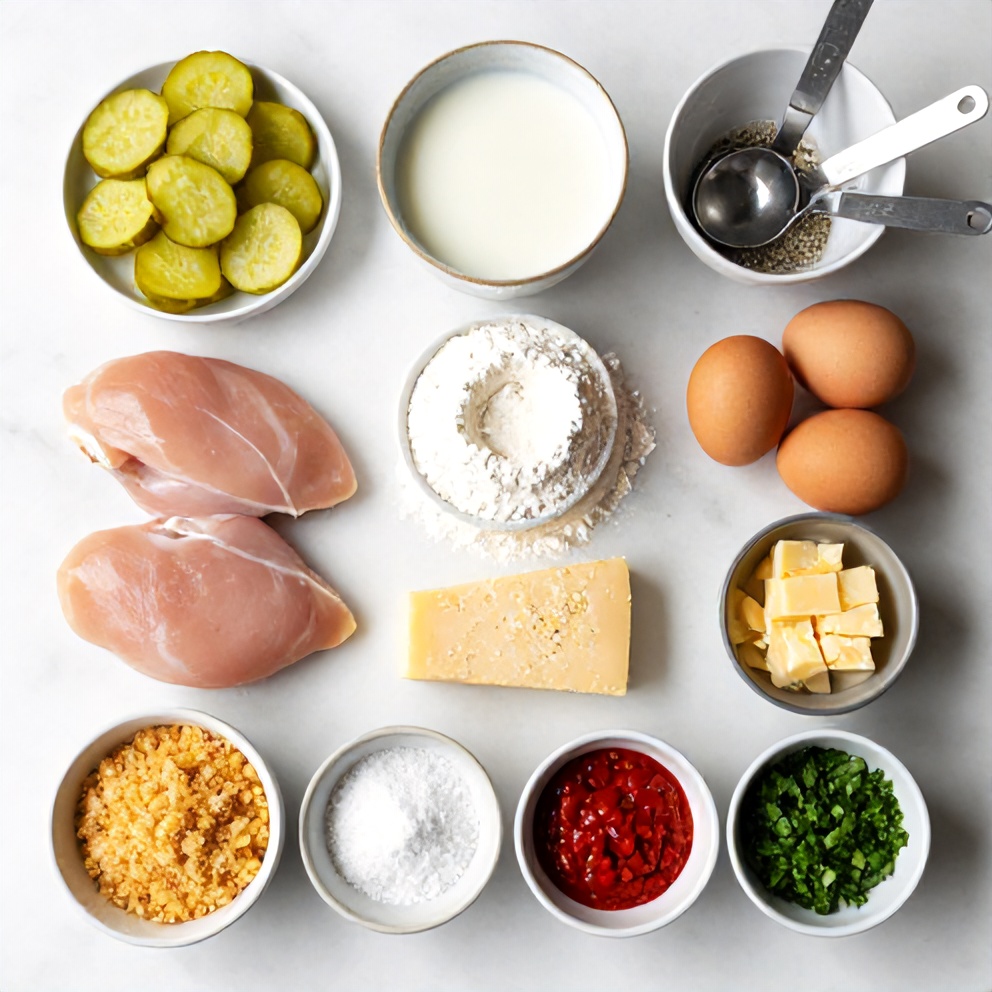 Raw ingredients for Crispy Dill Pickle Parmesan Chicken