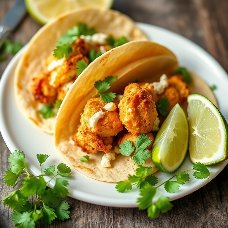 Crispy Dill Pickle Ranch Chicken Tacos plated on a white plate with fresh cilantro and lime