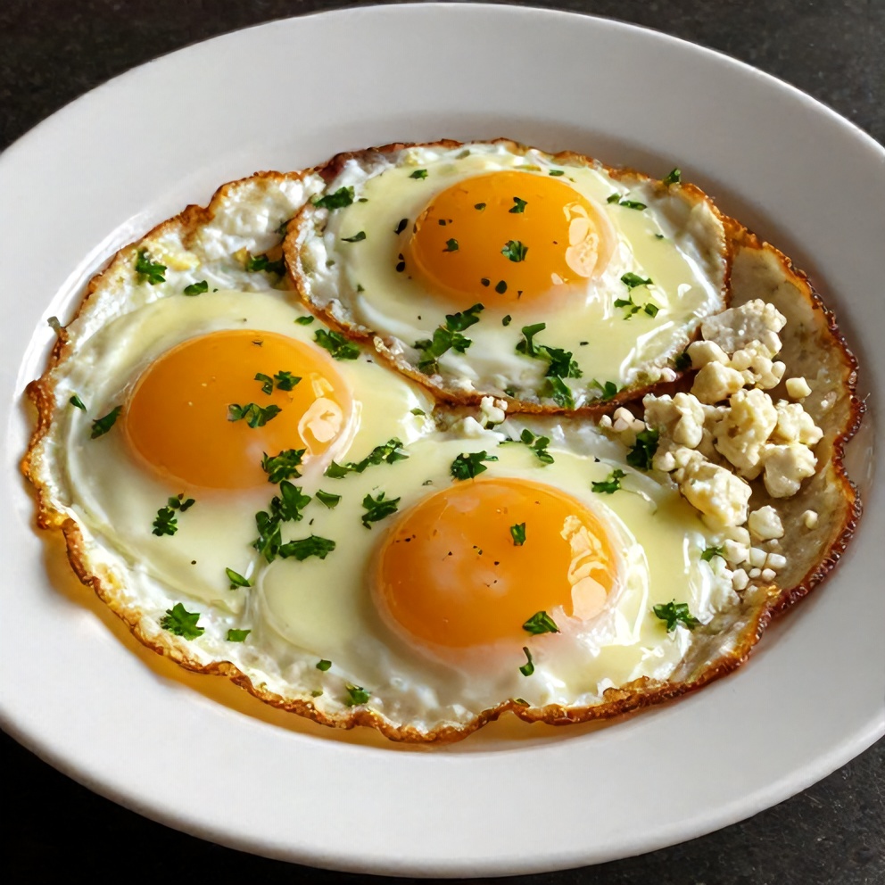 Plated crispy feta fried eggs with fresh parsley