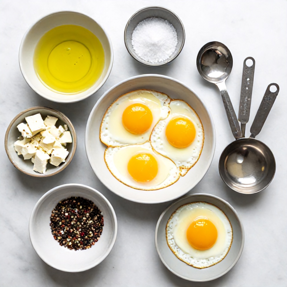 Raw ingredients for crispy feta fried eggs: eggs, feta, olive oil, salt, pepper