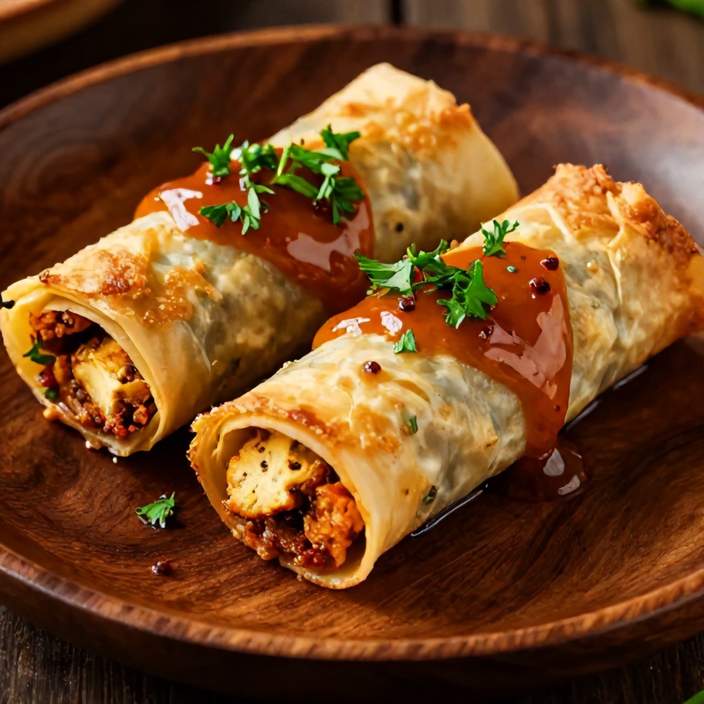 Plated Crispy Feta Phyllo Rolls with Sweet Chili Honey Sauce