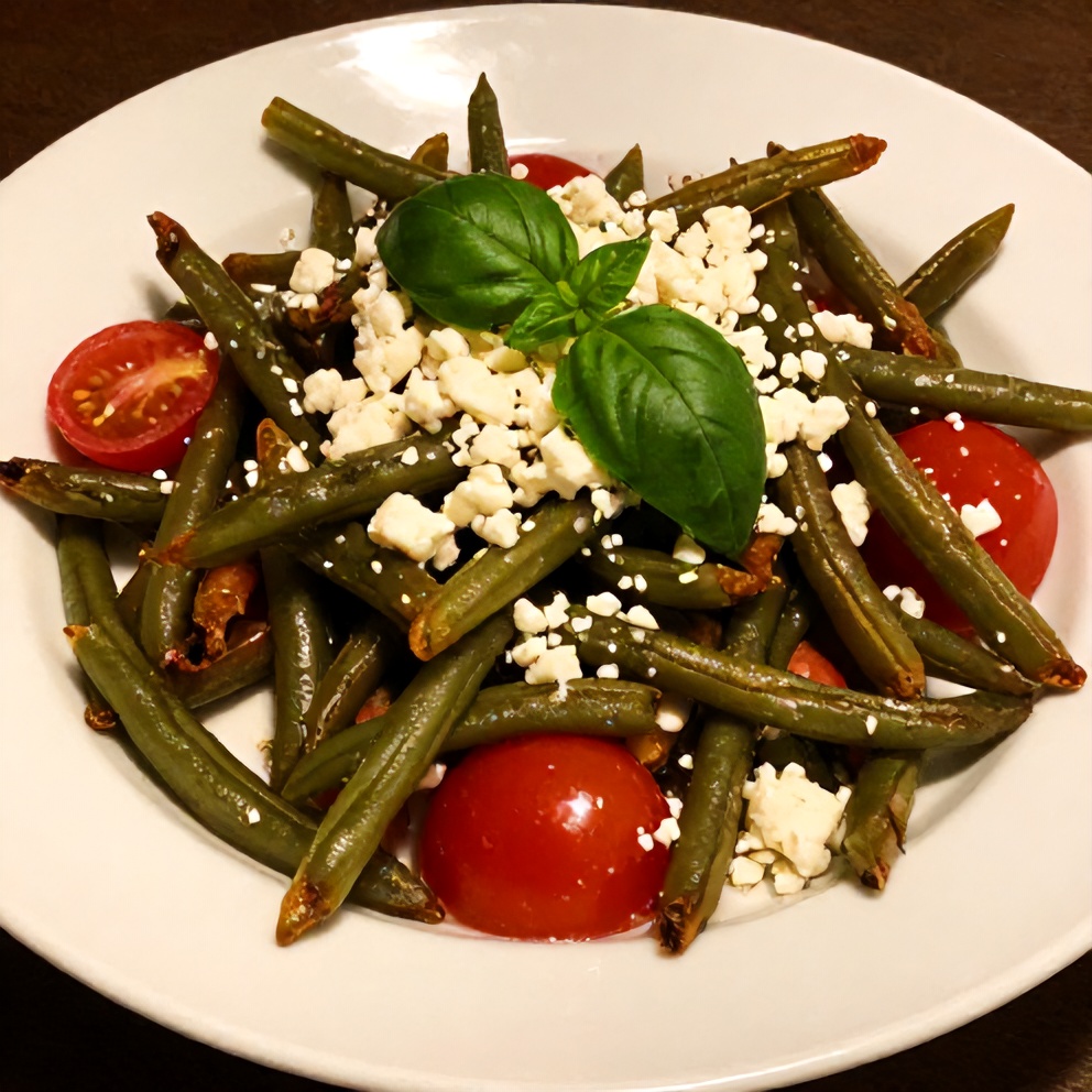 Plated serving of crispy fresh green bean and tomato salad