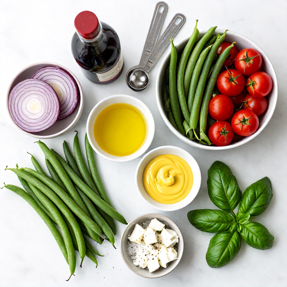 Raw ingredients for fresh green bean and tomato salad