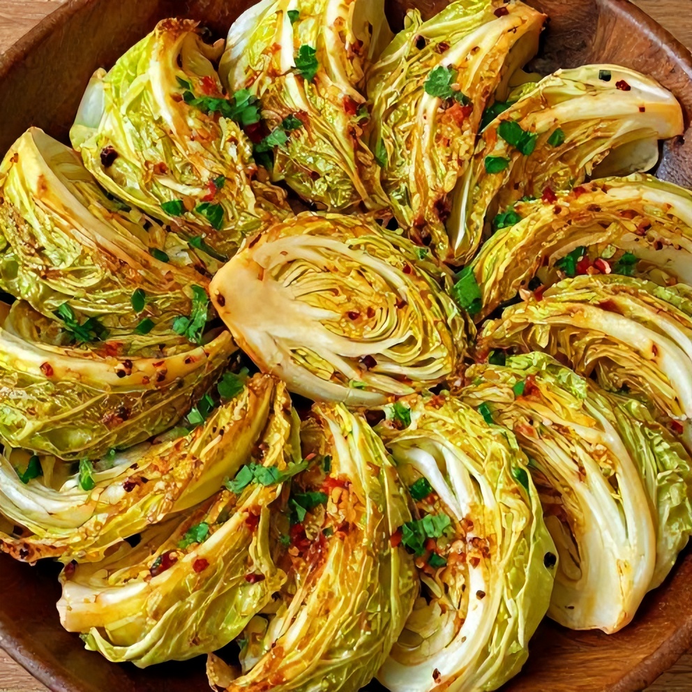 Plated Garlic Roasted Cabbage Steaks with fresh parsley