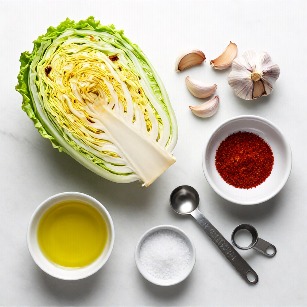 Raw ingredients for Garlic Roasted Cabbage Steaks on a marble surface