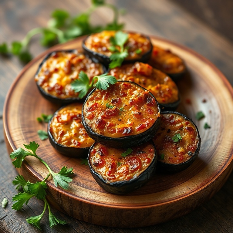 Crispy Garlic Roasted Eggplant on a rustic wood plate, garnished with fresh parsley, close crop, warm side lighting showing texture, photorealistic food photography style