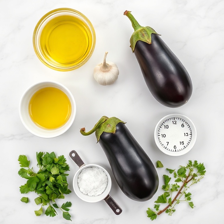 Eggplant, garlic, olive oil, salt, and herbs arranged as an overhead flat lay, 5 most visually prominent ingredients named, prep bowls and measuring spoons visible, white marble surface, bright even natural light, photorealistic overhead food photography