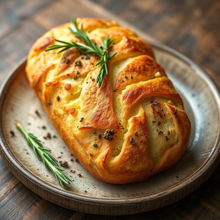 Crispy Garlic Rosemary Bread on a rustic plate. Garnished with fresh rosemary. Close crop showing texture.