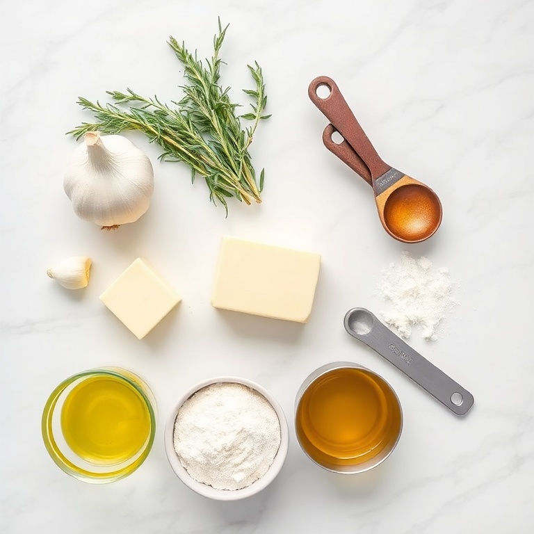 Fresh garlic, rosemary, flour, butter, and olive oil arranged in an overhead flat lay. Measuring spoons and bowls visible. White marble surface.
