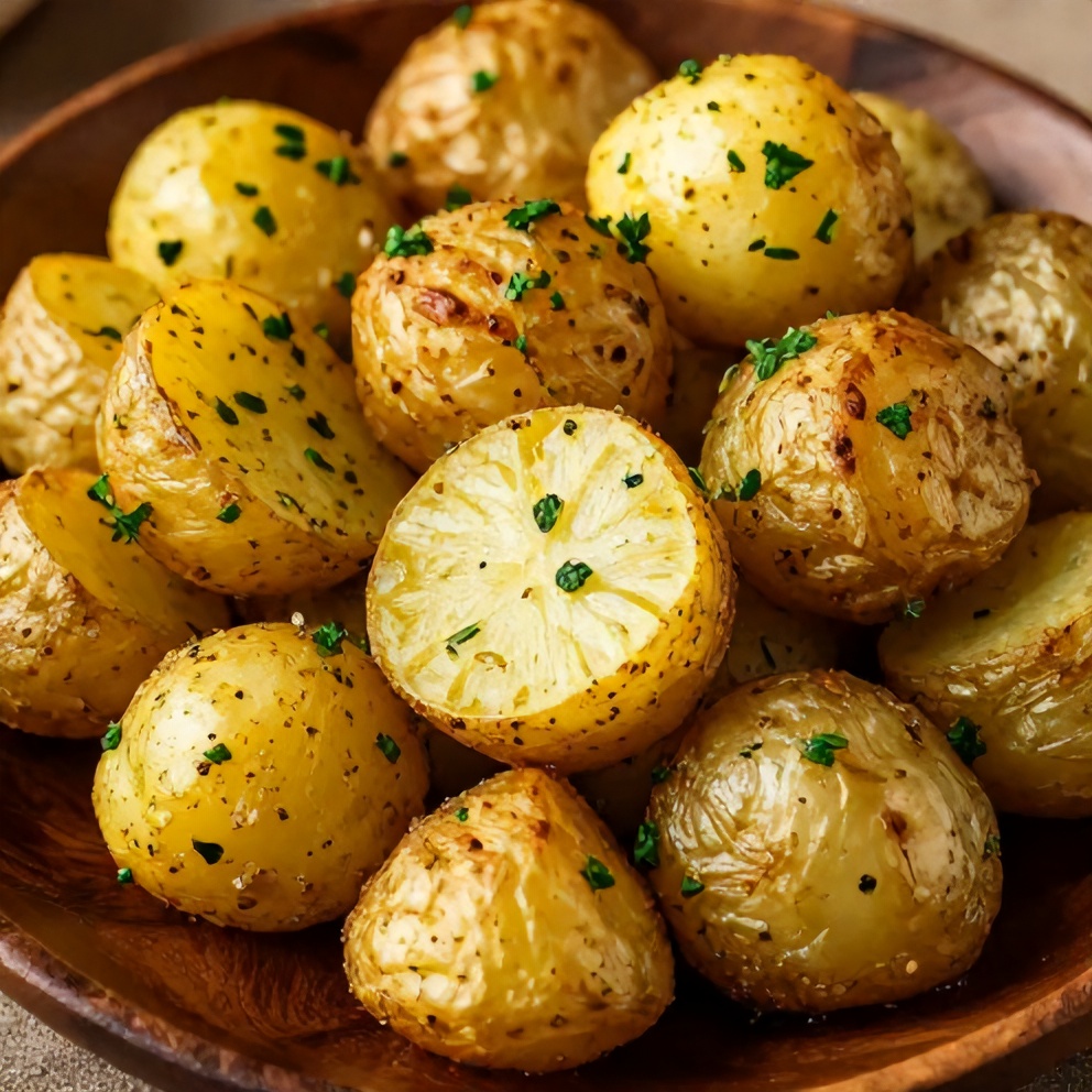 A perfect serving of Crispy Greek Lemon Potatoes on a plate, garnished with fresh parsley
