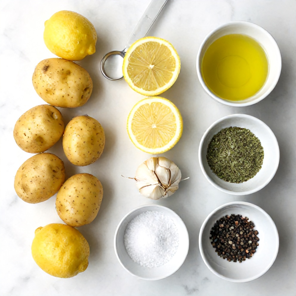 Raw ingredients for Greek Lemon Potatoes arranged in a flat lay, including potatoes, lemons, olive oil, garlic, and oregano