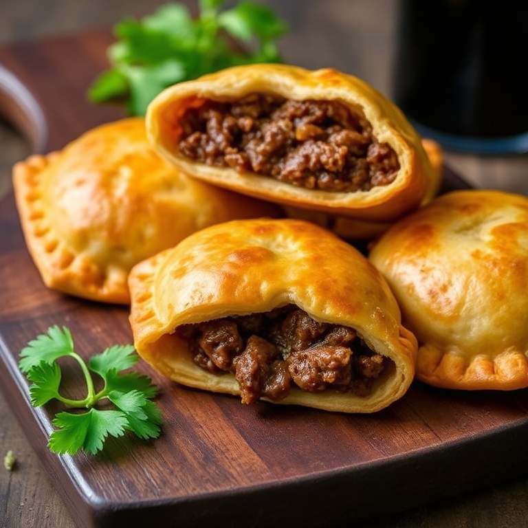 Crispy Guinness Beef Hand Pies plated on a dark wooden board. Cilantro garnish visible. Close crop showing golden crust and juicy filling. Warm lighting highlights texture.