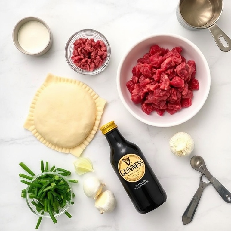 Raw ingredients for Crispy Guinness Beef Hand Pies on a white marble surface. Beef, puff pastry, Guinness, onions, and garlic visible. Measuring tools and bowls nearby.
