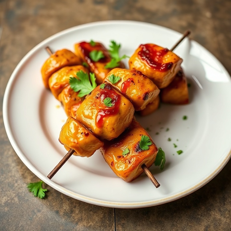 Plated Honey Garlic Chicken Kabobs with fresh cilantro garnish. White ceramic plate. Warm side lighting shows glaze and texture. Photorealistic food photography style.