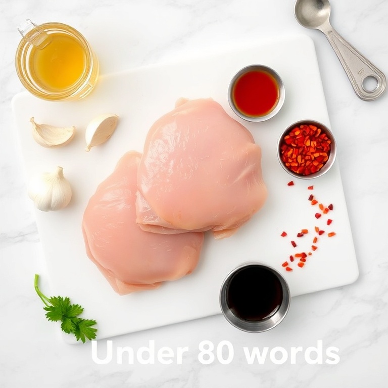 Raw chicken, garlic, honey, soy sauce, and red pepper flakes arranged in an overhead flat lay. Measuring cups, spoons, and cutting board visible. White marble surface. Bright even natural light.