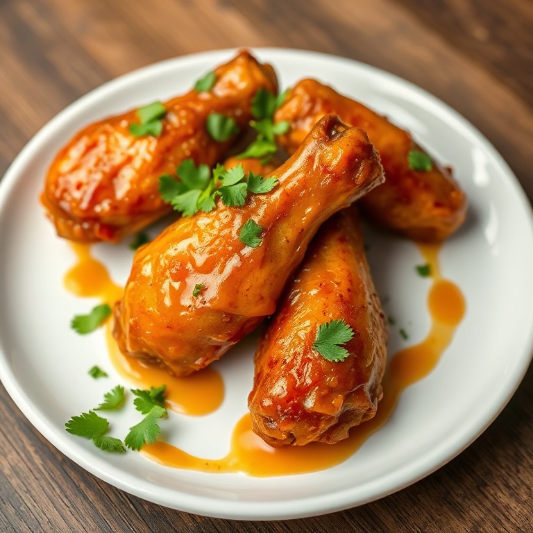 Perfectly plated crispy hot honey chicken wings. Garnished with cilantro on a white plate with sauce drizzle.