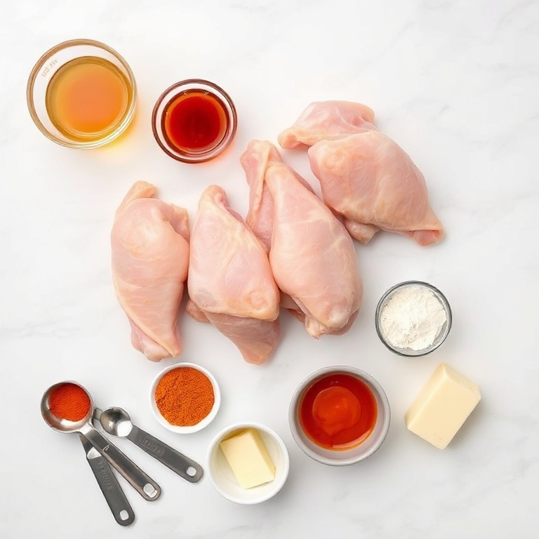 Raw chicken wings, honey, garlic, paprika, butter, and hot sauce arranged in a flat lay. Measuring spoons and bowls nearby.