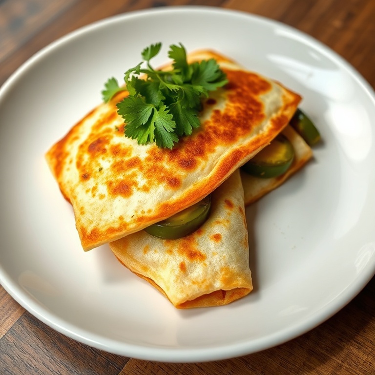 Perfect plated serving of Jalapeno Popper Quesadillas. Topped with cilantro. White ceramic plate. Warm side lighting highlighting texture.