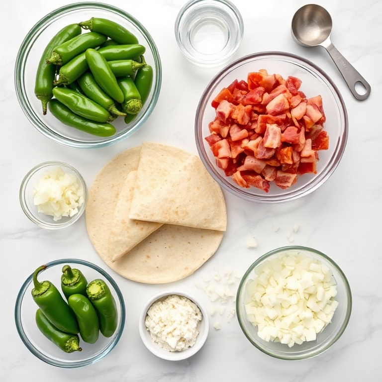 Raw ingredients for Jalapeno Popper Quesadillas. Jalapenos, bacon, cheese, tortillas, and onions. Prep bowls, measuring spoons, and cups visible. White marble surface.