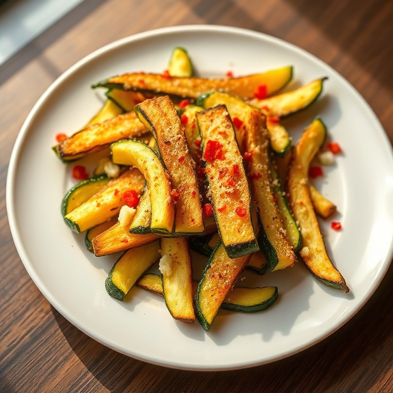 Plated zucchini fries with parmesan and chili flakes. White ceramic plate. Warm side lighting highlights crispy edges. Photorealistic food photography.