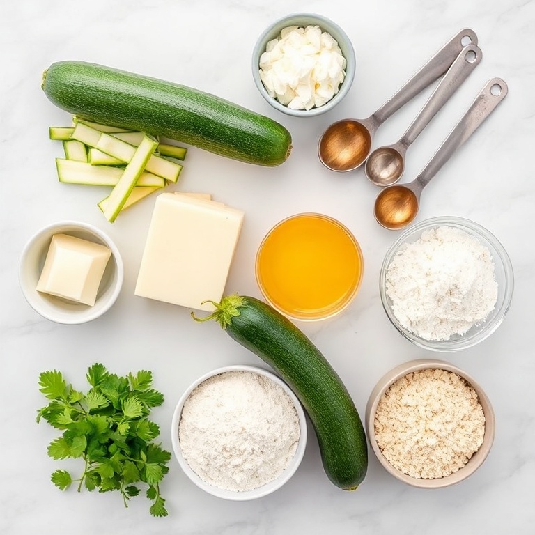 Raw zucchini, parmesan cheese, eggs, flour, and breadcrumbs arranged in an overhead flat lay. Measuring spoons and bowls visible. White marble surface. Bright even light.