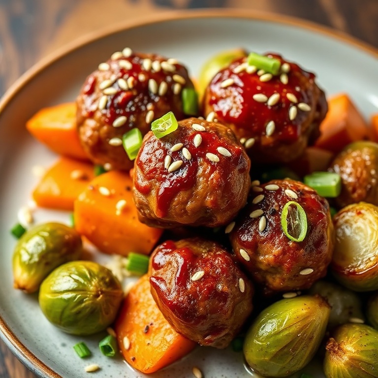 Crispy Korean BBQ Meatballs plated with roasted sweet potatoes and Brussels sprouts, topped with sesame seeds and green onions