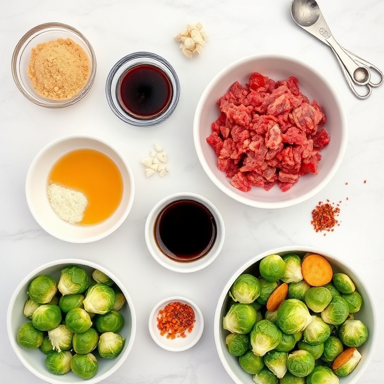Ground beef, breadcrumbs, soy sauce, garlic, ginger, sweet potatoes, Brussels sprouts, sesame oil, and red pepper flakes arranged in a flat lay
