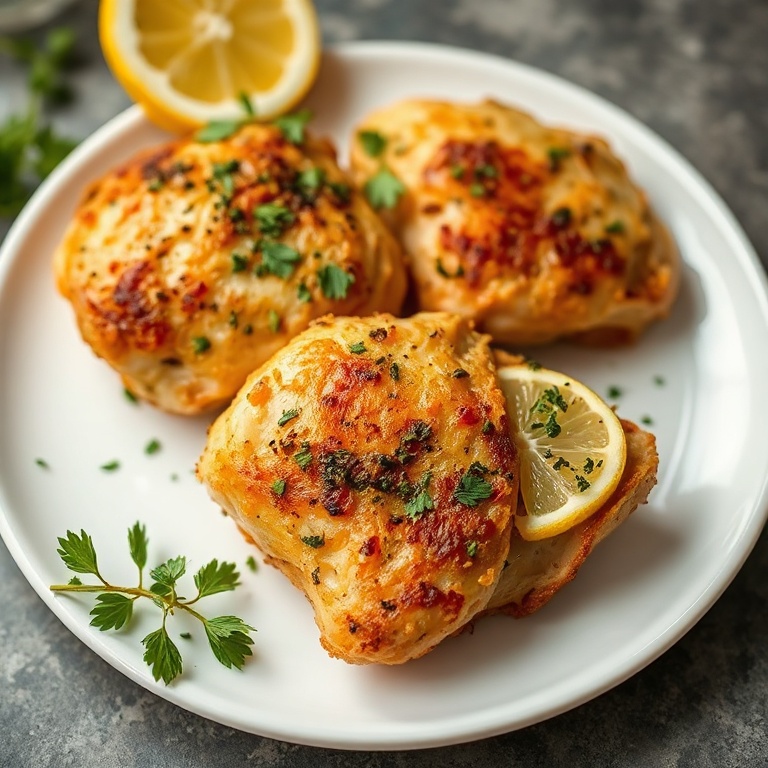 Crispy Lemon Herb Chicken Thighs on a white plate. Garnished with fresh herbs and lemon. Close crop. Warm light highlighting the crust.