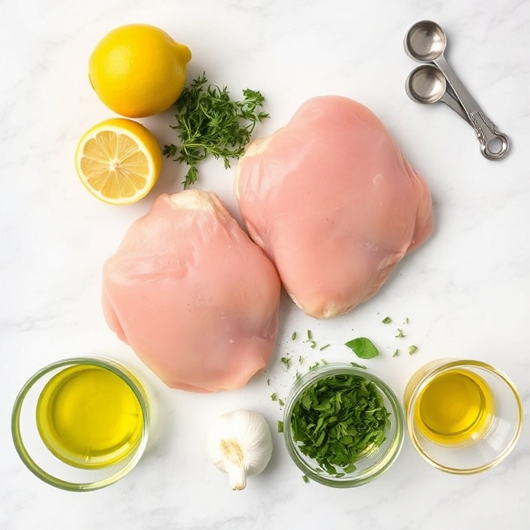 All raw ingredients for Crispy Lemon Herb Chicken Thighs. Chicken thighs, lemon, herbs, garlic, olive oil. Prep bowls, measuring spoons, and cups visible. White marble surface. Bright even light.