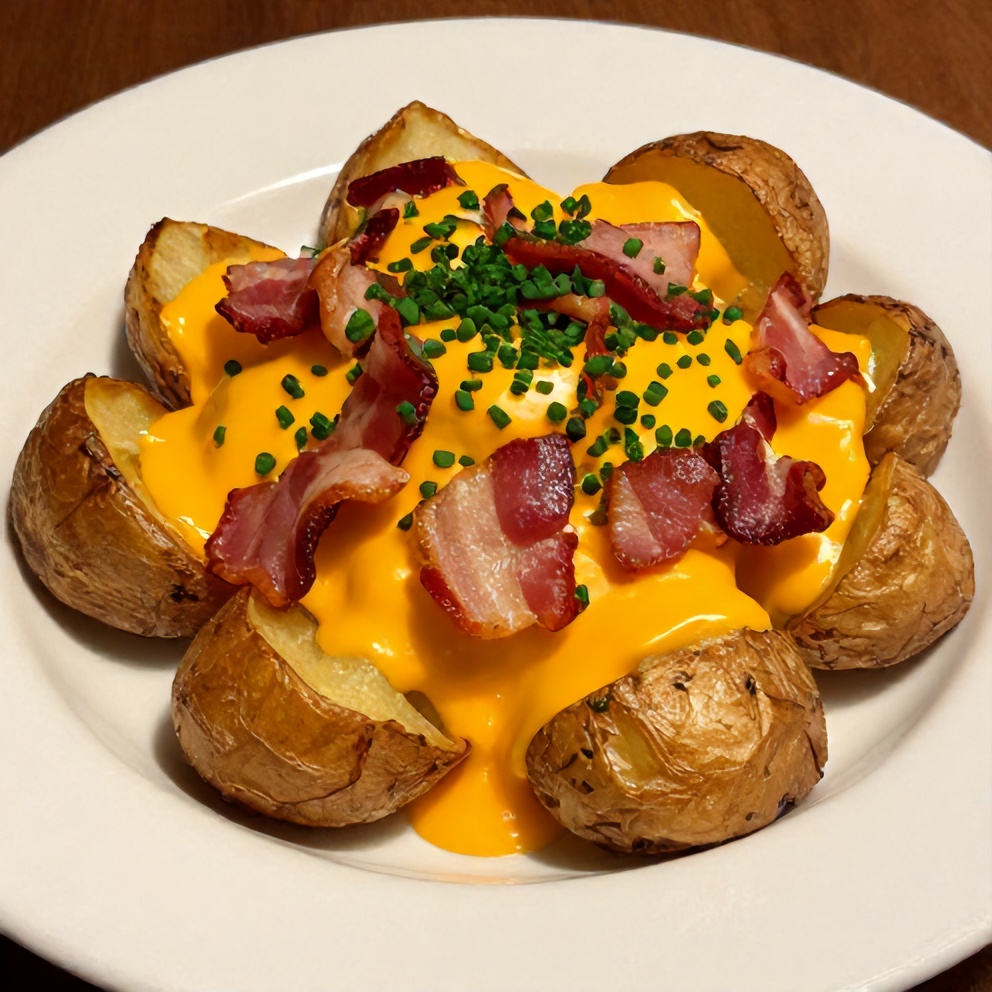 Plated crispy loaded baked potatoes with cheddar and bacon