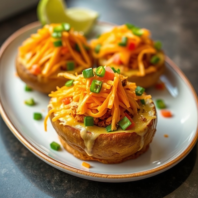 Perfectly plated Crispy Loaded Fiesta Potato Bowls with melted cheese, crispy base, and fresh garnish. Warm light highlights the textures and colors.