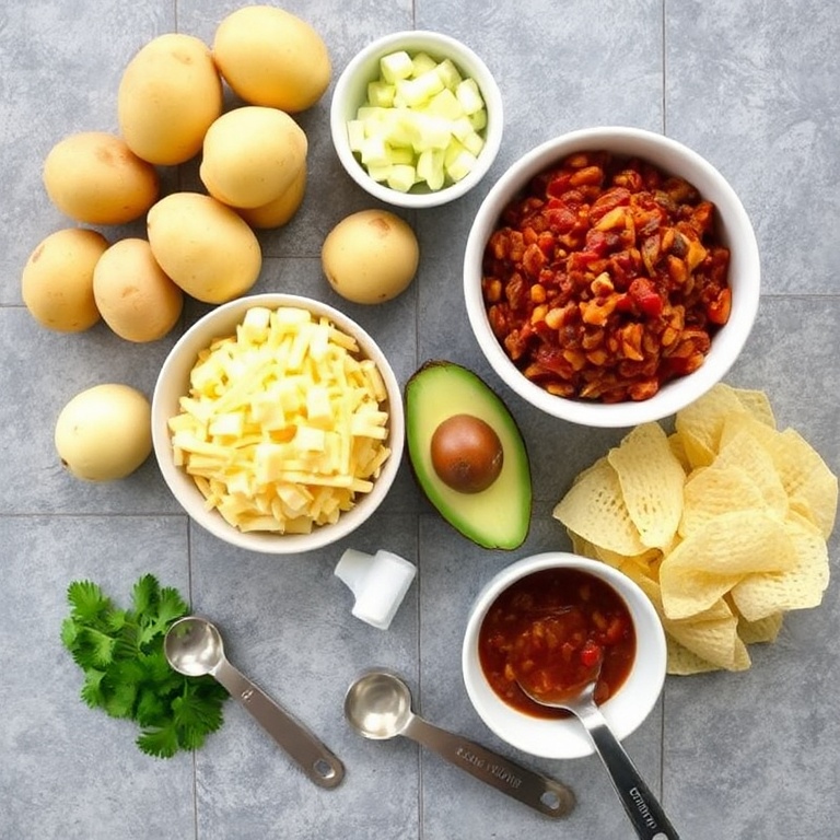 Raw ingredients for Crispy Loaded Fiesta Potato Bowls arranged in an overhead flat lay. Potatoes, cheese, chili, avocado, and tortilla chips visible. Measuring spoons and bowls in the foreground.