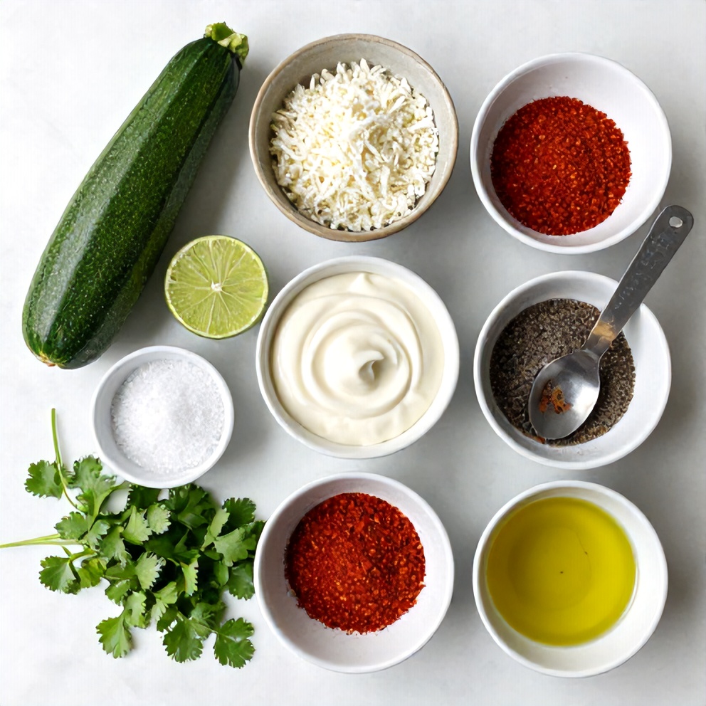 Raw ingredients for Mexican street corn zucchini arranged on a white marble surface