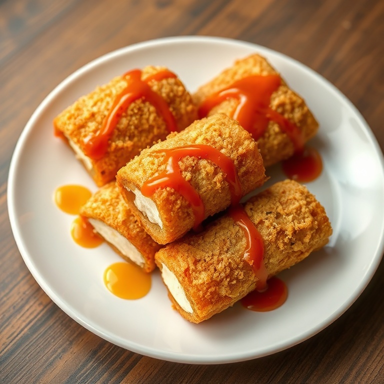 Crispy Oven-Fried Feta Rolls with Spicy Honey Drizzle. Drizzled and ready to serve.
