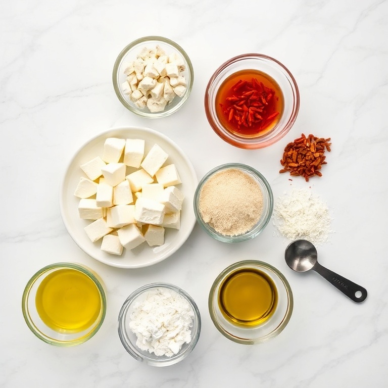 Raw ingredients for Crispy Oven-Fried Feta Rolls. Feta cheese, phyllo dough, honey, chili flakes, olive oil, and garlic powder.
