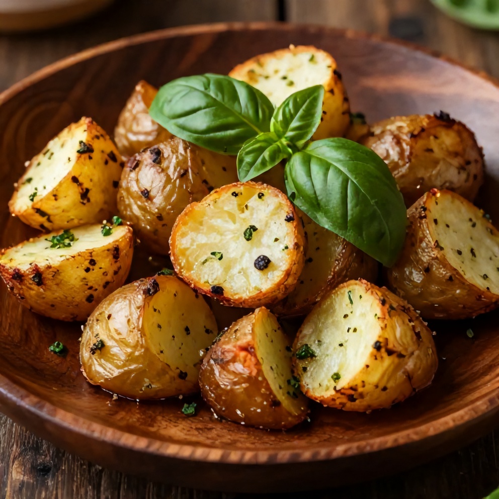 One perfect plated serving of Crispy Parmesan Pesto Roasted Potatoes on a dark wooden plate, garnished with fresh basil. Warm side lighting showing golden crispy edges and soft, fluffy interior.