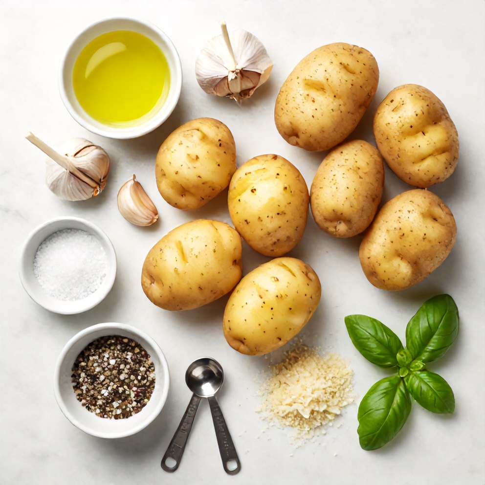 Overhead flat lay of potatoes, garlic, olive oil, salt, pepper, parmesan cheese, and fresh basil arranged on a white marble surface. Small prep bowls, measuring spoons, and measuring cups visible. Bright even light.